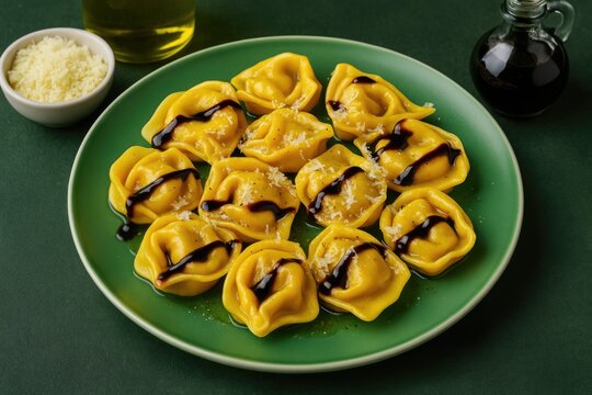 Close-up of traditional stuffed pasta featuring pumpkin filling, topped with parmesan and aged balsamic vinegar