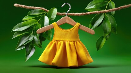 Yellow childrens dress hanging from wooden hanger with green leaves