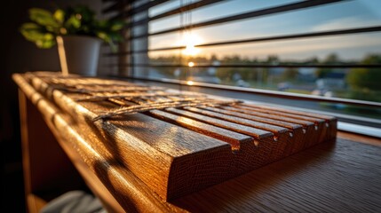 Wooden tray with sunlight highlights