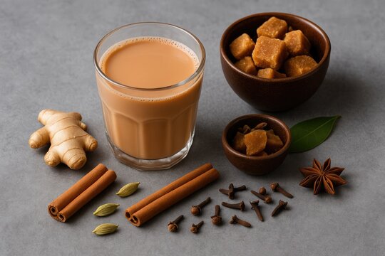 Spiced ginger tea with milk served on a neutral background