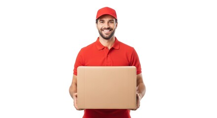 Happy Delivery Man Holding Cardboard Box, Fast Shipping Service
