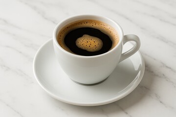 Delicious coffee served in a cup and saucer on a white marble surface, close-up view