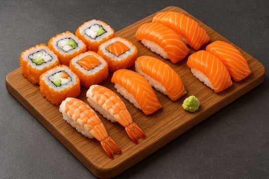 Assorted sashimi and sushi rolls presented on a wooden platter