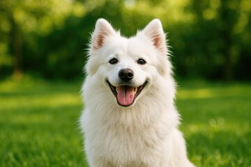 Adorable dog smiling in a lush garden