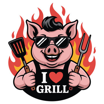 Cool pig character with sunglasses holding grill utensils amidst flames