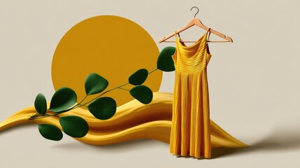 Yellow dress display against a beige background