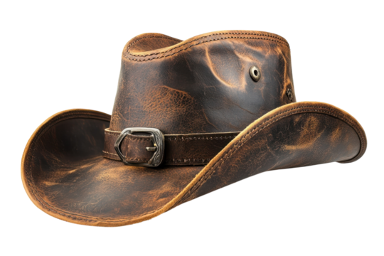 Rustic Brown Leather Cowboy Hat Isolated Vintage Western Style Fashion Accessory Authentic on transparent background