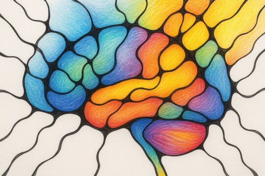 Creative hand-drawn neurographic art showcasing subconscious transformation with vibrant colors and bold lines. Neuro-inspired abstract brain illustration.