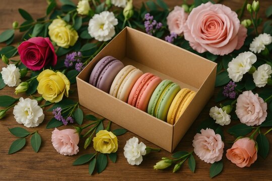 Delicious sweet treats arranged amidst vibrant floral decor. Still life featuring macaroni pastries and assorted blossoms. Delivery service concept with coffee and floral boutique theme.