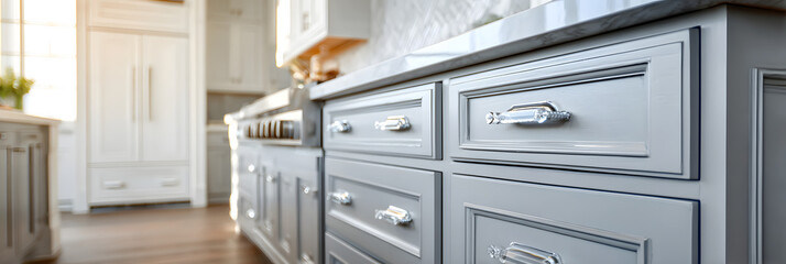 Fototapeta premium Modern kitchen cabinetry showcases soft grey paint with crisp white accents, complemented by elegant hardware that adds