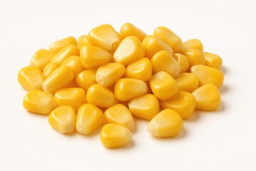 Juicy sweet corn kernels on a plain white backdrop