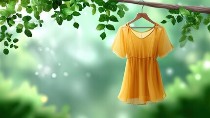 Yellow dress hanging on clothesline in nature