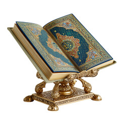 Ornate Quran on a stand, Islamic holy book.