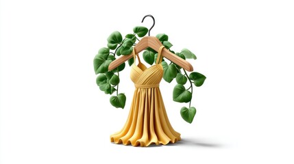 Yellow dress hanging on wooden hanger with plants