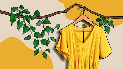 Yellow dress hanging on hanger with floral design background