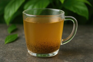Close-up of a tea glass filled with organic chai tea on a stone surface, emphasizing healthy food options