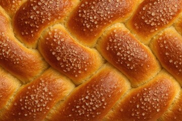 Close-up of a sweet braided bread with a crispy sugar topping, suitable for background use