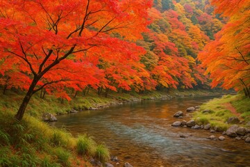 Fototapeta premium Vibrant autumn foliage along the riverside in a renowned scenic spot