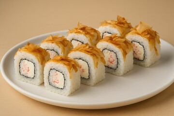 Delicious sushi rolls featuring tuna chips and crab meat for lunch, a traditional Japanese dish