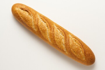 Delicious French bread loaf seen from above on a white background