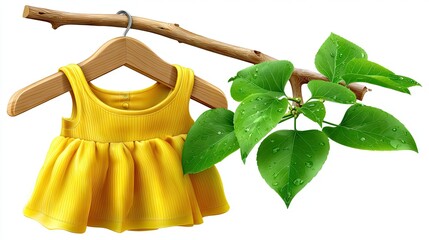 Yellow dress on wooden hanger with green leaves