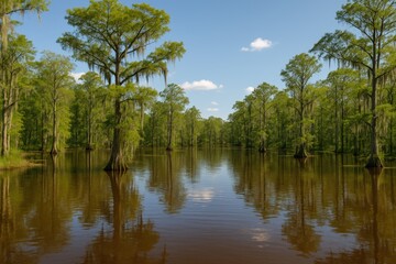 Bright afternoon scene with a wetland, water body, and lush foliage