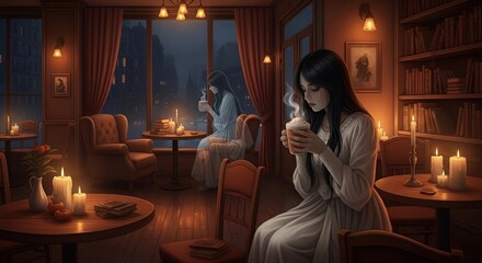 Cozy Cafe Scene with Woman Holding Steaming Cup in Candlelight | Romantic Interior for Relaxation, Reading, and Warm Winter Nights