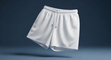 Floating white mesh shorts with drawstring on a blue gradient background