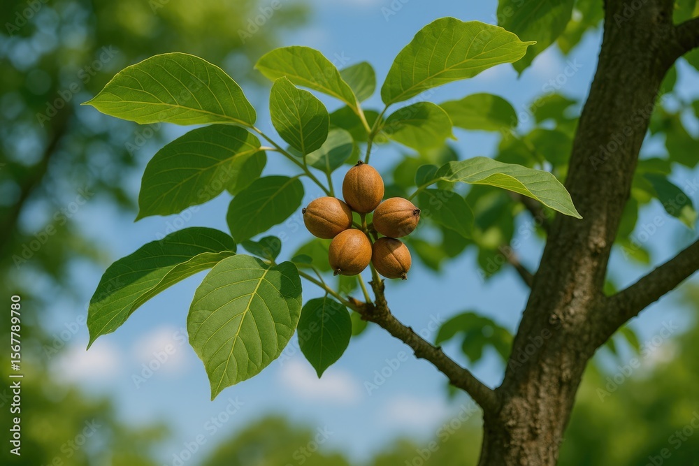 Aufkleber a lush tree branch showcasing broad green leaves and small clustered nuts