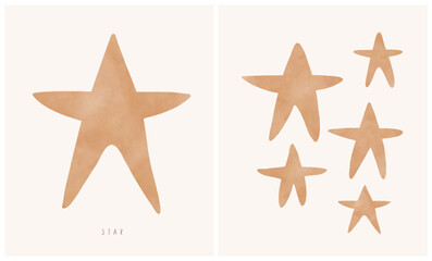 Simple Scandinavian Style Vector Illustration Of Stars. Lovely Nursery Art with Gender Neutral Color Stars on a Beige Background. Childish Drawing-like Print Ideal For Kids' Room Decoration. 
