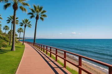 Obraz premium Scenic seaside trail connecting two popular vacation spots under a clear blue sky with lush palm trees, perfect for a summer getaway