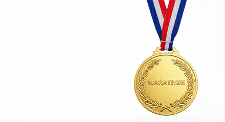 Gold marathon medal with laurel design and red-blue ribbon on white background