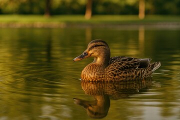 Fototapeta premium A duck resting on the water at a scenic park