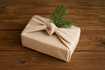 Sustainable gift wrapping with eco-friendly materials, festive box wrapped in natural fabric with pine branch on wooden surface, traditional Furoshiki style