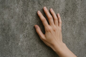 A woman's hand resting against a textured concrete surface, evoking a cool and tactile sensation. Close-up of fingers gripping a rough wall with a gritty backdrop.