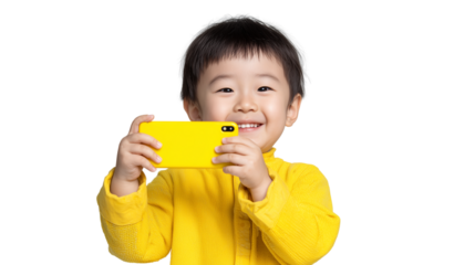 Happy Child Holding a Yellow Card on Transparent Background

