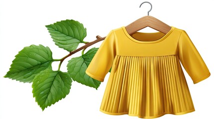 Yellow pleated dress on hanger with green leaves
