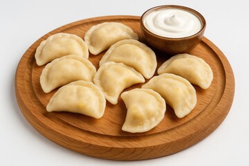 Cheesy potato dumplings served with sour cream on a rustic wooden platter