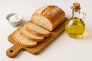 Freshly baked bread displayed on a rustic wooden board with salt and vegetable oil nearby