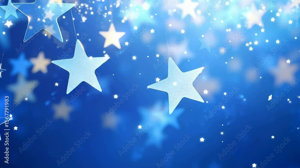 Wall mural glowing stars floating in soft blue blurred space with sparkling light particles and varying star si