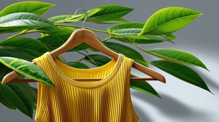 Yellow tank top on wooden hanger with green leaves