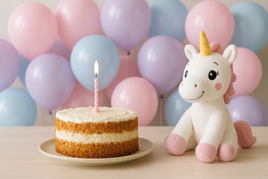 DIY cake with lit candle and a unicorn plush amid colorful balloons