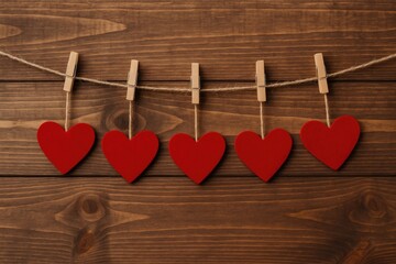 Decorative heart-shaped ornaments suspended on string against a rustic wooden background