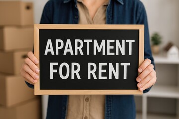 Person holding a signboard with rental listing while preparing to relocate, real estate advertisement