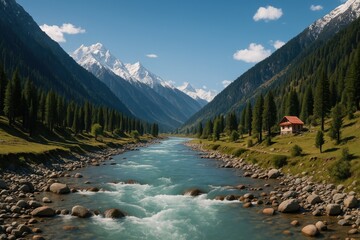Scenic river landscape in the Himalaya mountain range, a perfect destination for trekking enthusiasts