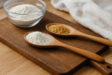 Artisan baking scene featuring flour and dried ginger in wooden spoons on a rustic kitchen board