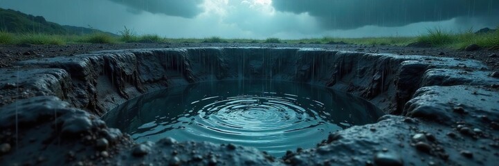A gaping hole in the ground fills with rainwater, creating a dark, mysterious pool reflecting the stormy sky above The scene is dramatic and evocative of nature's power , rain, rural, deluge