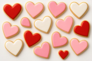Fototapeta premium Sweet heart-shaped cookies decorated with colorful sugar icing on a plain white backdrop for Valentine's Day