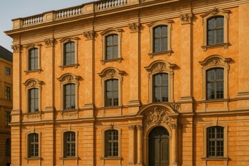 Fototapeta premium Elegant historic structure featuring a vibrant orange marble exterior