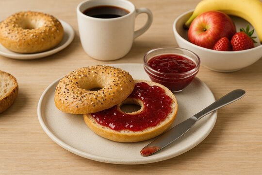 Freshly baked bagel served with jam for breakfast